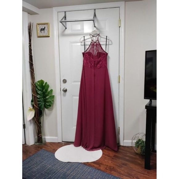 Hayley Paige "5857 - Burgundy" Lace Chiffon Burgundy Dress  12 - Picture 3 of 15